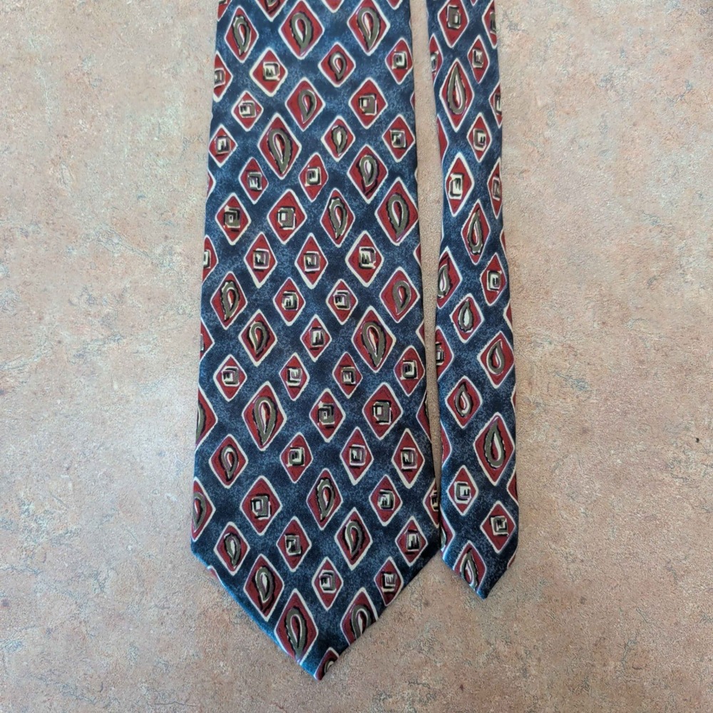 Christian Dior Tie Mens OS Blue Red Geometric Diamond Silk Monsieur Vintage
